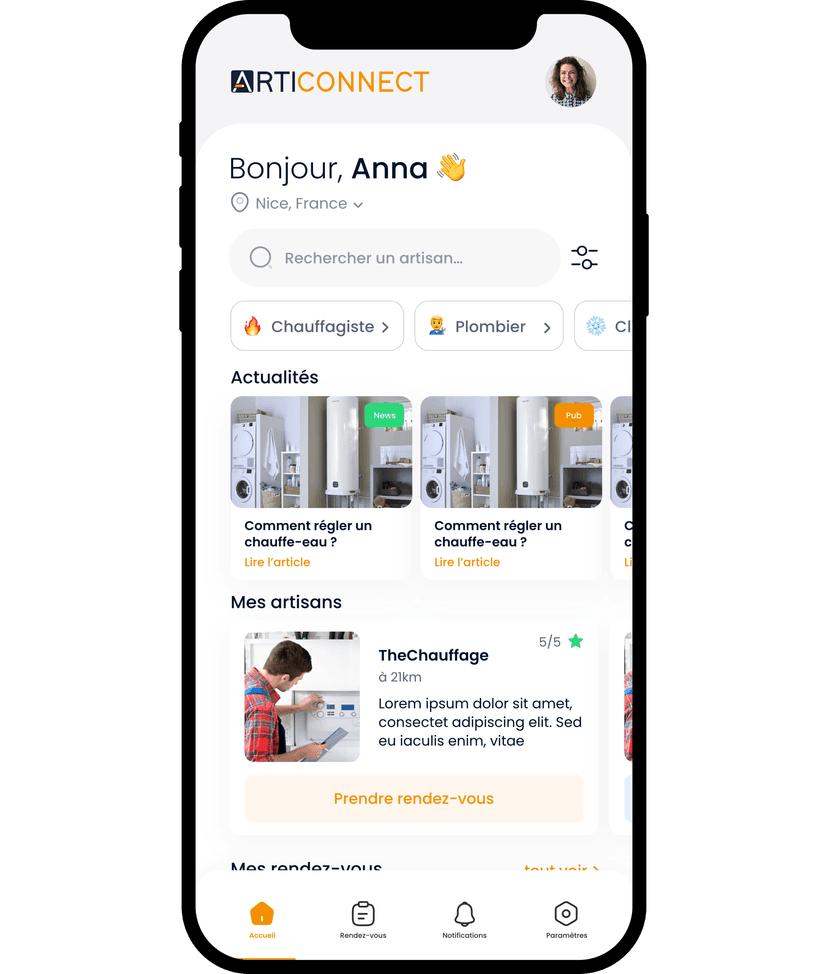 Application ArtiConnect sur smartphone